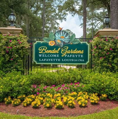 Beautiful entrance to Bendel Gardens community in Lafayette, Louisiana, with colorful flowers and a welcoming sign