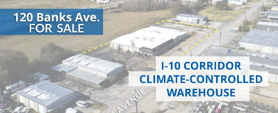 Aerial view of 120 Banks Avenue, Lafayette, Louisiana commercial property for sale, featuring climate-controlled warehouse and I-10 corridor access.