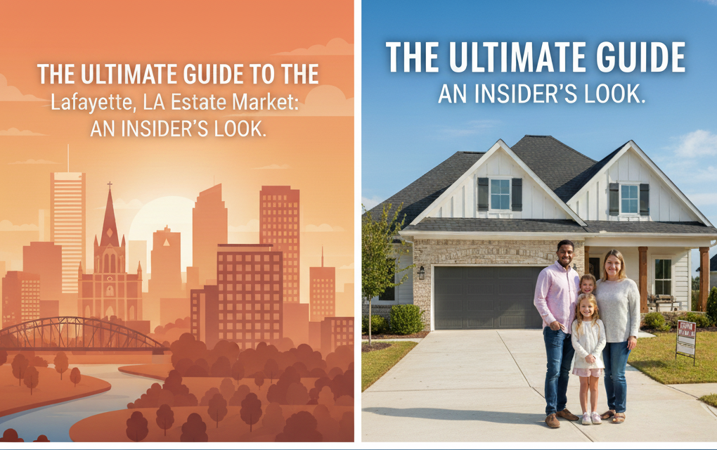Promotional graphic for "The Ultimate Guide to the Lafayette, LA Real Estate Market" featuring Charles Ditch, REALTOR®. The image includes an illustration of the Lafayette skyline, a photo of a family by their home for sale, and logos for UL Alumni and Army Veteran.