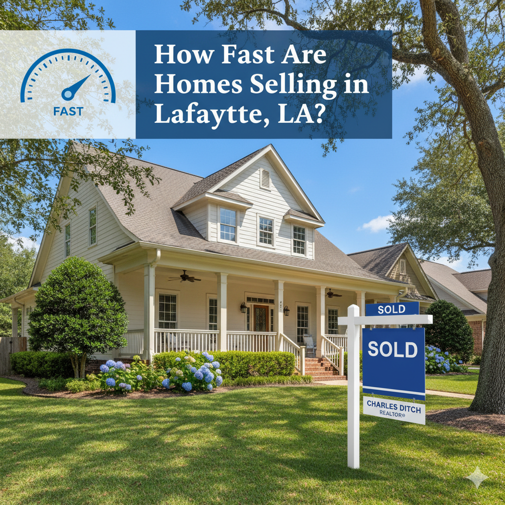 A beautiful Lafayette, LA home with a modern SOLD sign in the yard. Text overlay asks 'How Fast Are Homes Selling in Lafayette, LA?', representing Charles Ditch's expert analysis of the local real estate market speed.