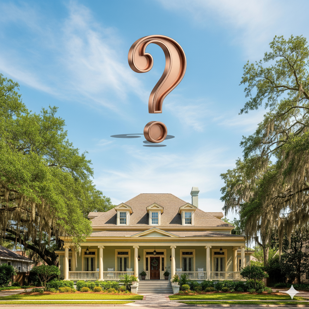 A charming, classic Lafayette, LA style home with a large, gleaming question mark floating above its roof against a bright blue sky, framed by Spanish moss-draped oak trees.