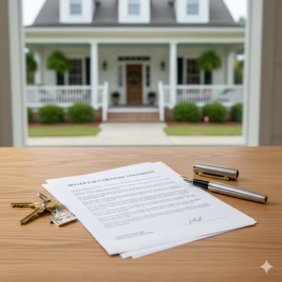 A desk with house keys, a pen, and a settlement statement, illustrating a guide to home seller closing costs in Lafayette, LA.