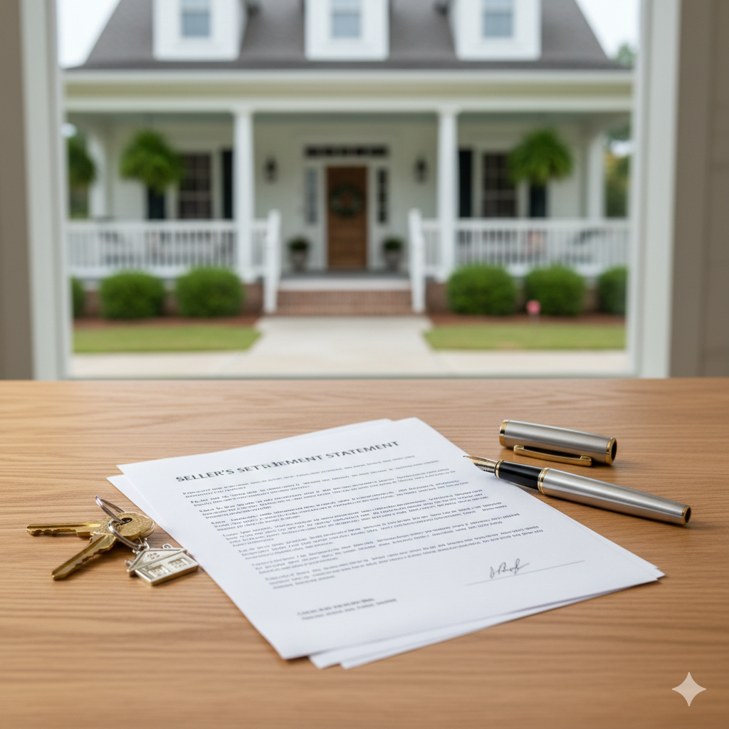 A desk with house keys, a pen, and a settlement statement, illustrating a guide to home seller closing costs in Lafayette, LA.