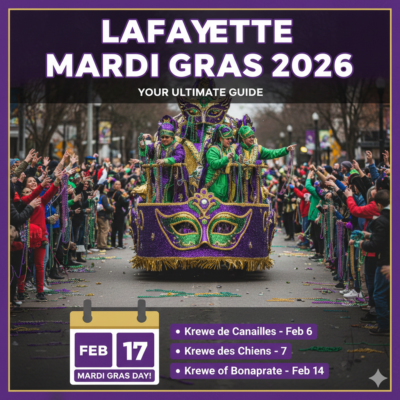 Vibrant Mardi Gras parade float at night in Lafayette, Louisiana, with a calendar icon for February 17, 2026, Mardi Gras Day