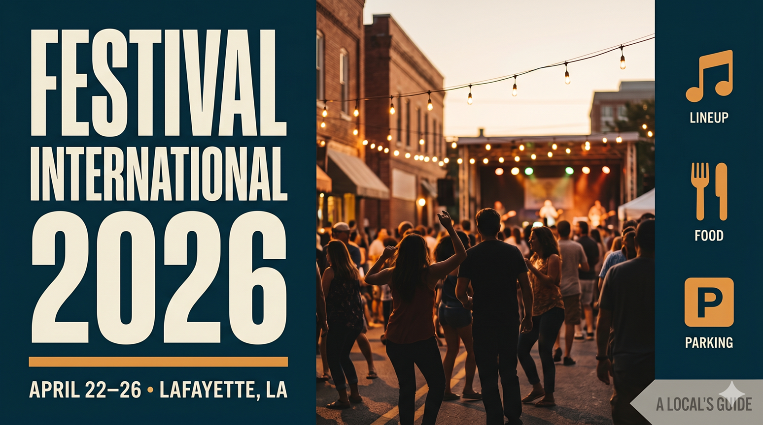 Festival International 2026 Lafayette guide graphic with April 22–26 dates and a downtown crowd dancing at sunset near an outdoor stage